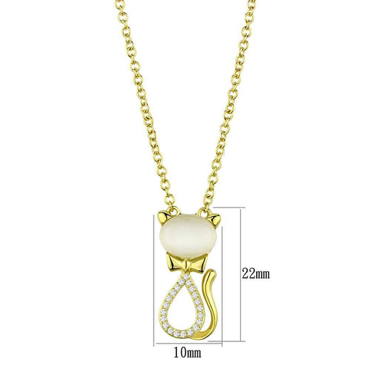 TS409 - Gold 925 Sterling Silver Chain Pendant with Synthetic Cat Eye in White - Alamode - Flyclothing LLC