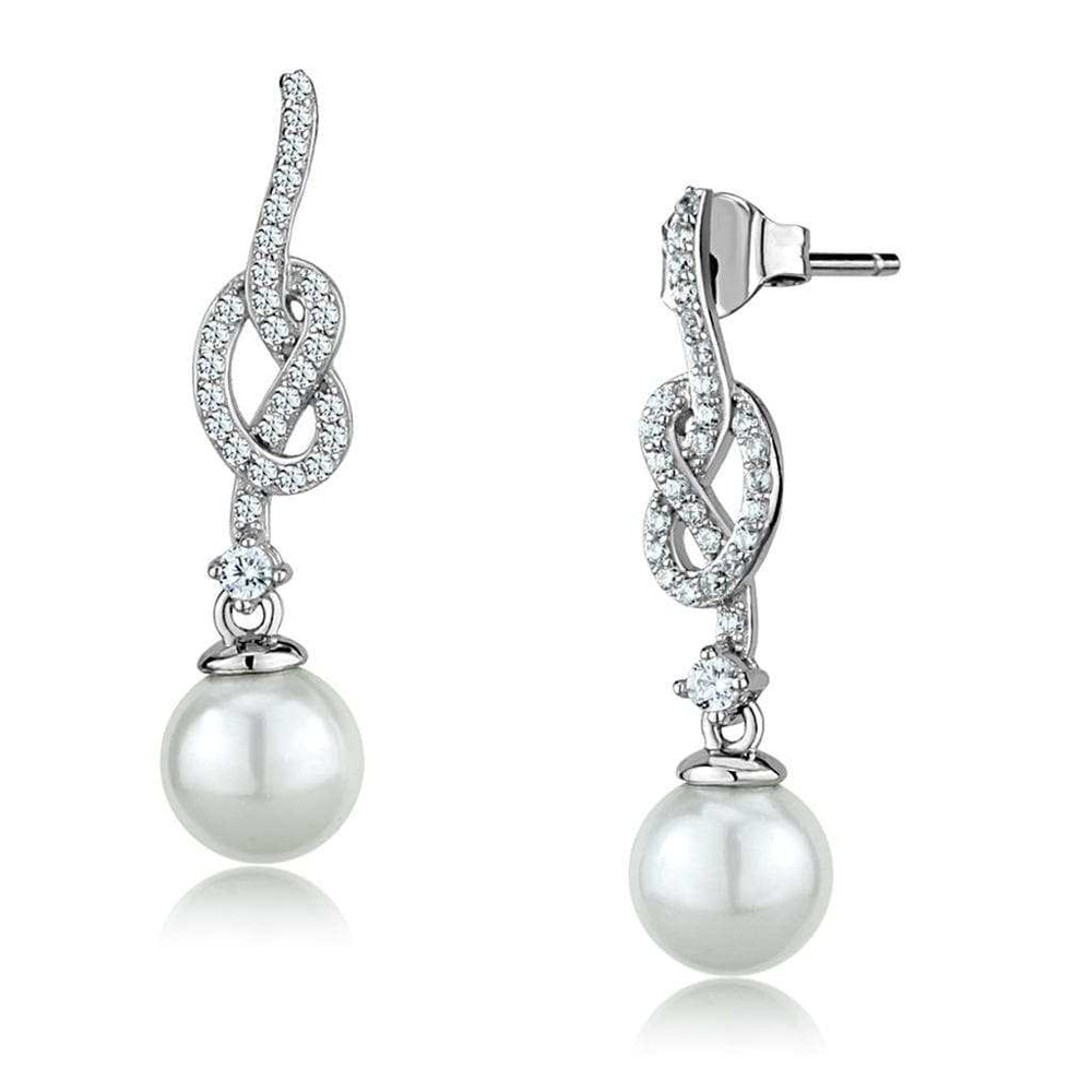 TS506 - Rhodium 925 Sterling Silver Earrings with Synthetic Glass Bead in White - Alamode - Flyclothing LLC