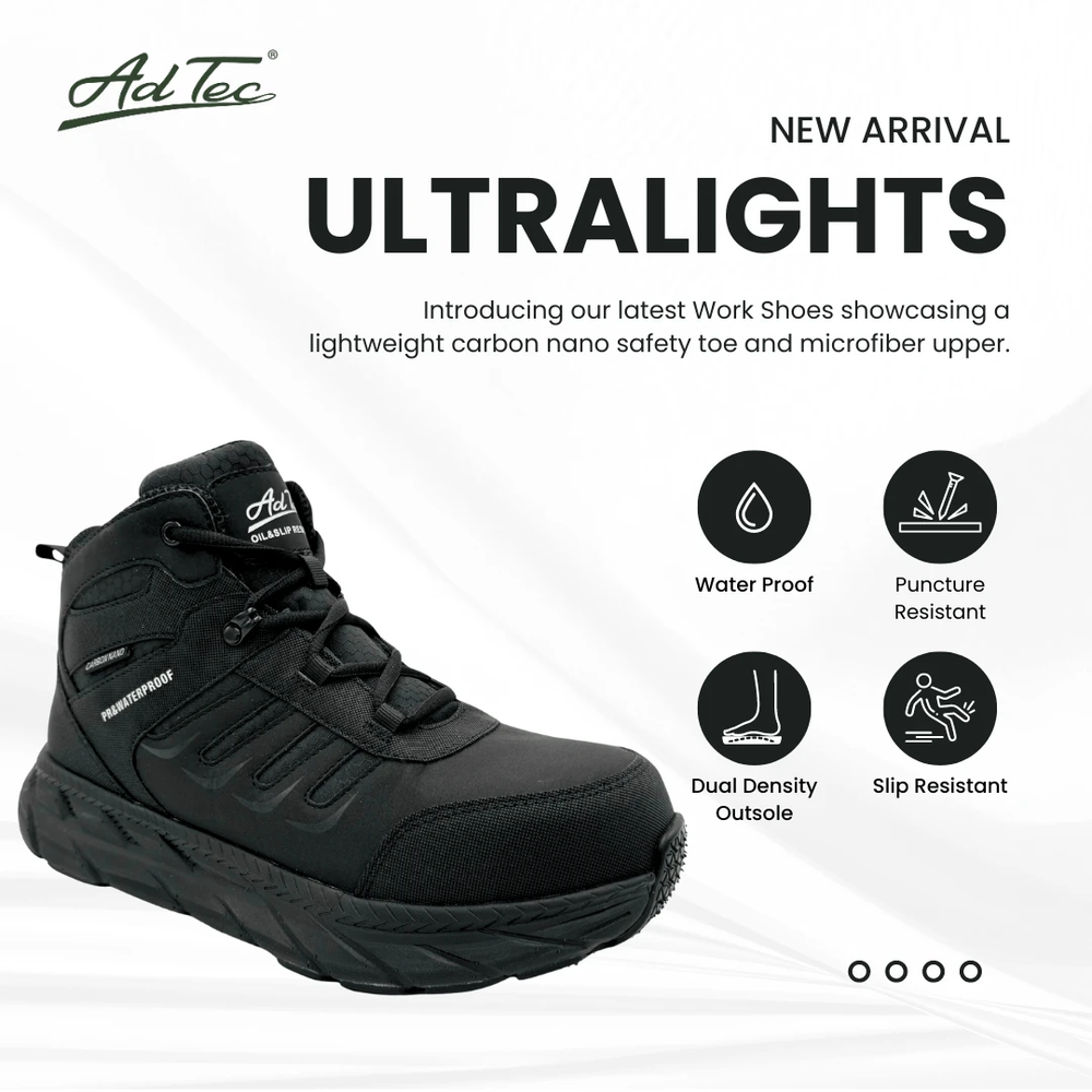 AdTec Men Men's 6" Ultra Light work boot. Waterproof Carbon Nano Toe Puncture Resistant - AdTec