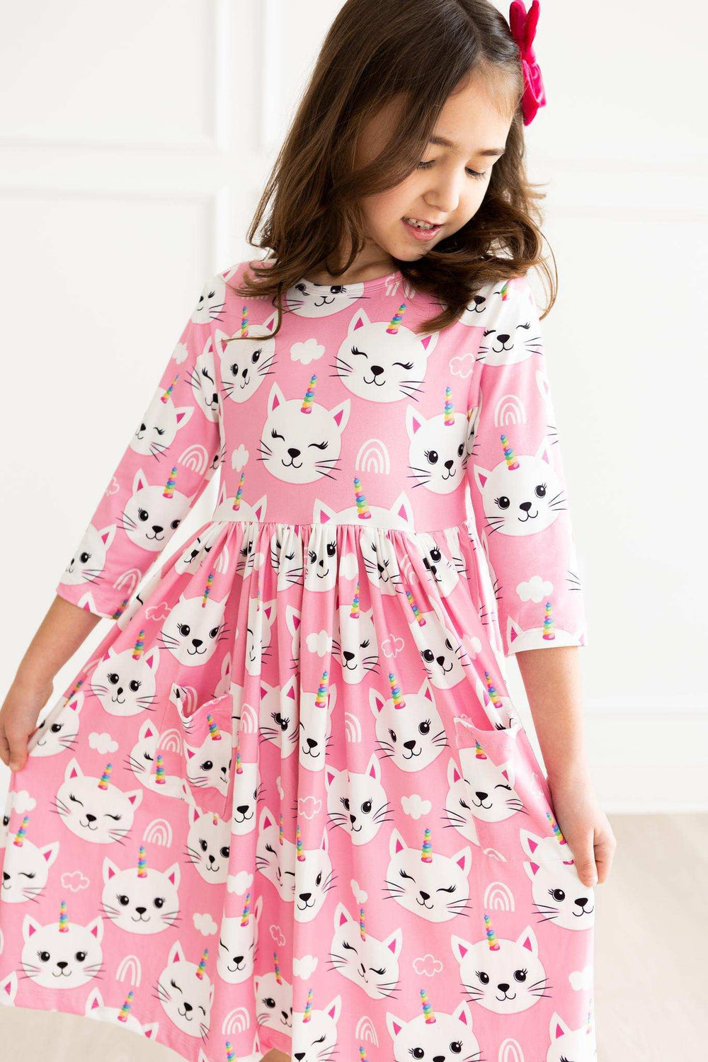 Unicorn Kitties 3/4 Sleeve Pocket Twirl Dress - Mila & Rose ® - Flyclothing LLC
