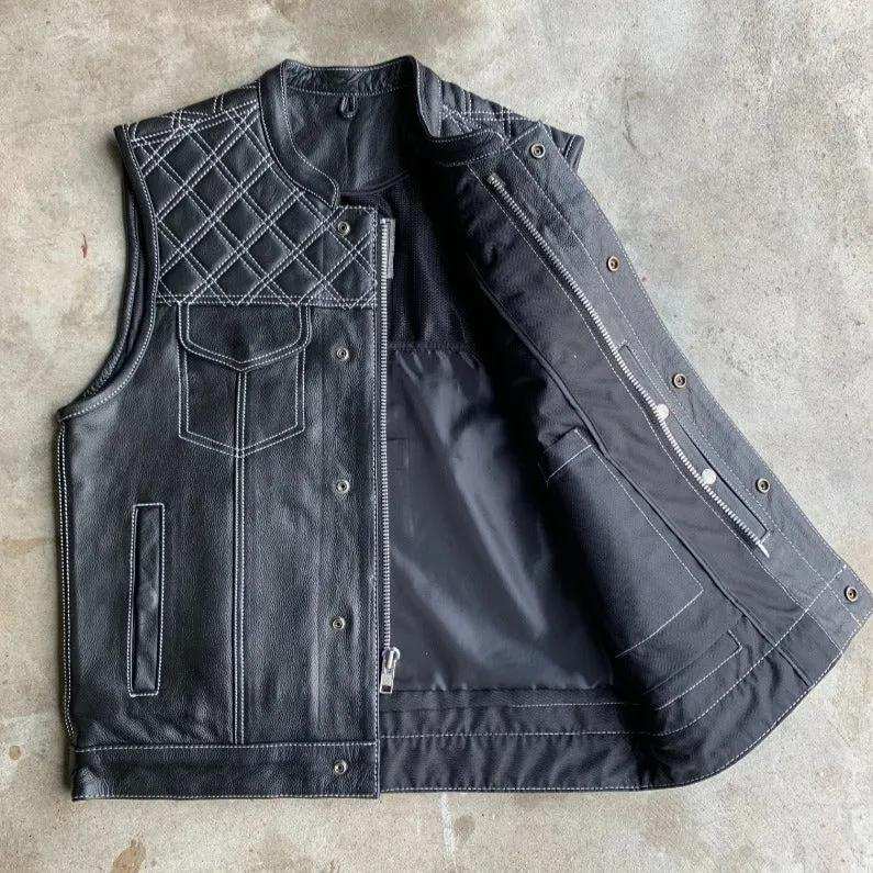 White Diamond - Mens Premium Leather Diamond Stitch Club Vest - Unik Just for Bikers - Flyclothing LLC