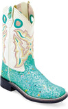 Old West Sparkling Lake Blue Foot White Shaft CHILDREN ALL OVER LEATHERETTE MATERIAL BROAD SQUARE TOE BOOTS - Old West - Flyclothing LLC