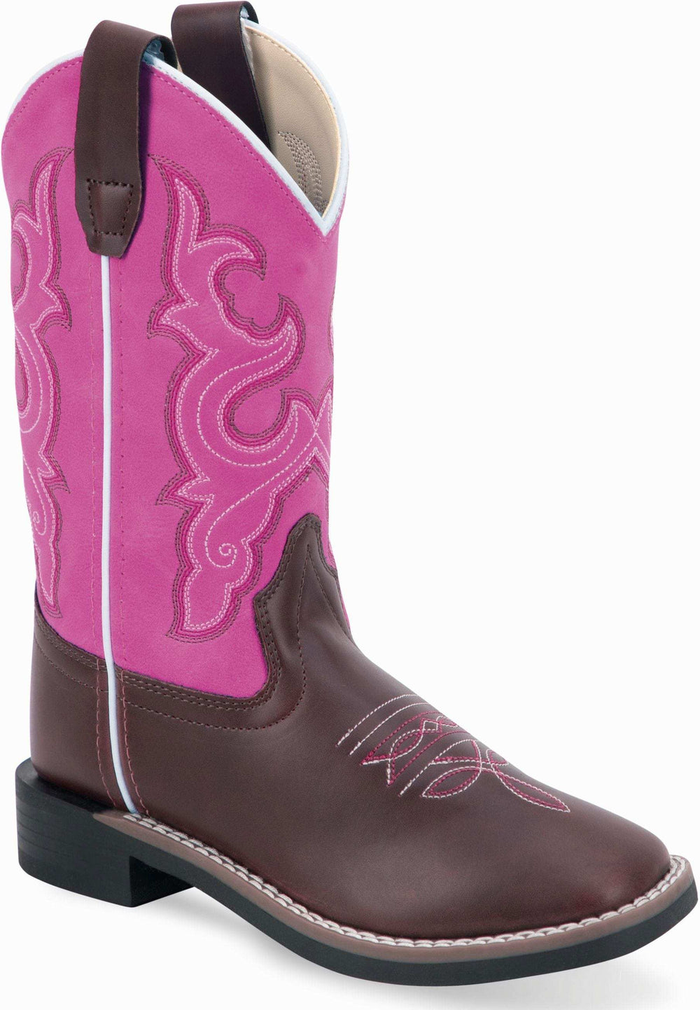 Old West Burnt Brown Foot Pink Shaft Children All Over Leatherette Material Broad Square Toe Boots - Old West - Flyclothing LLC