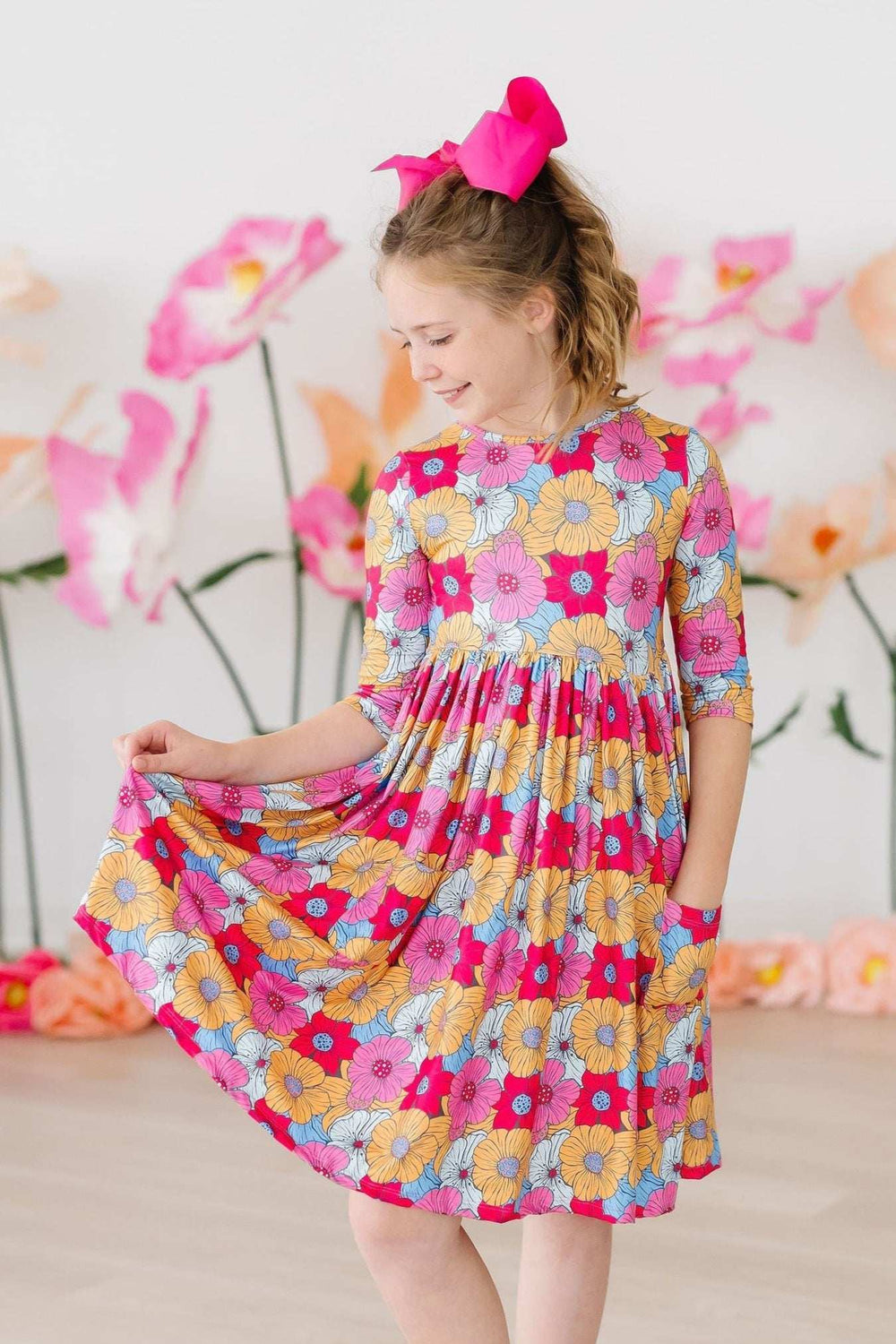 Wonderland Floral 3/4 Sleeve Pocket Twirl Dress - Mila & Rose ® - Flyclothing LLC