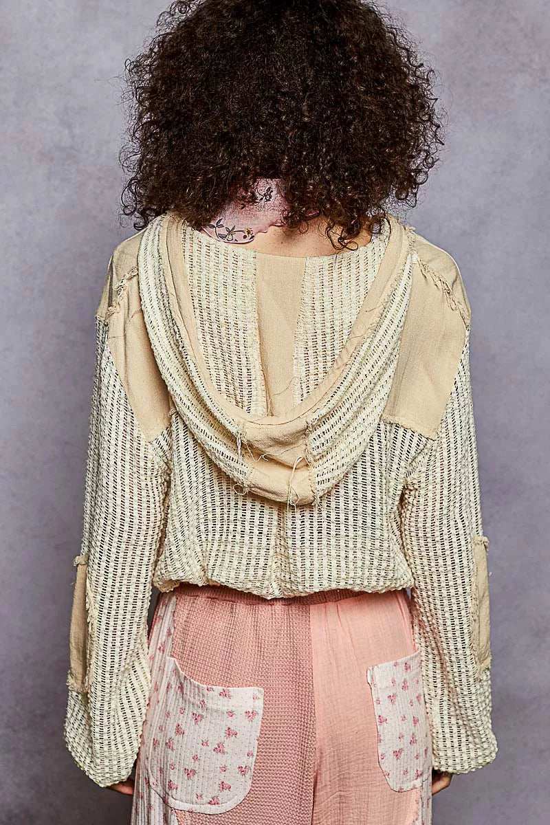 POL Texture Woven Button Down Hooded Shirt with Drawstring Hem - Trendsi - Flyclothing LLC