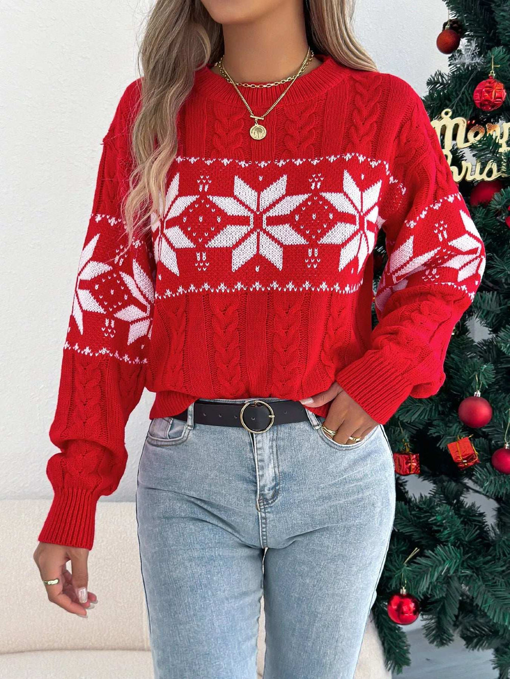 Christmas Snowflake Cable Knit Sweater - Trendsi - Flyclothing LLC