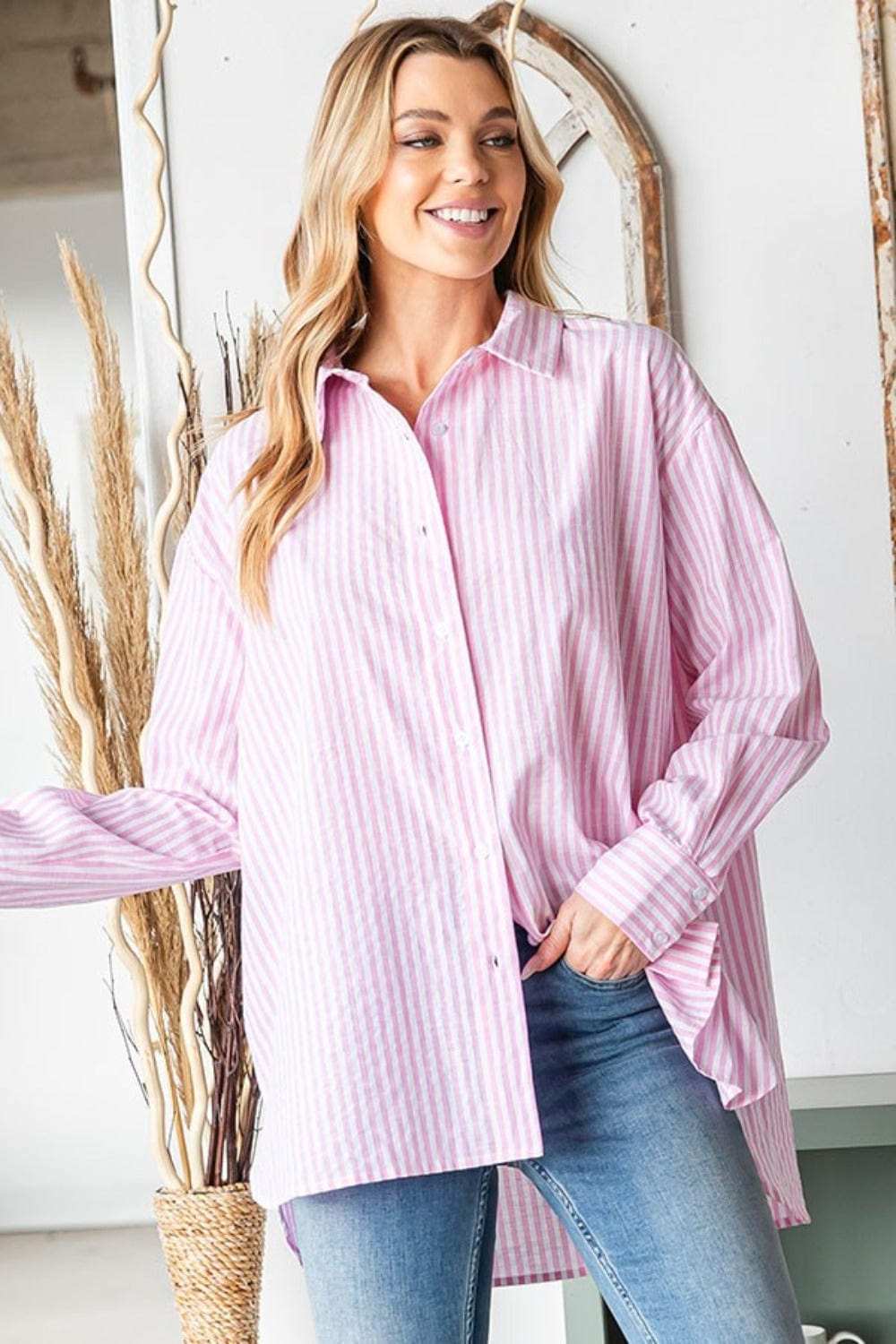 First Love Full Size Striped Button Down High-Low Hem Shirt - Trendsi - Flyclothing LLC