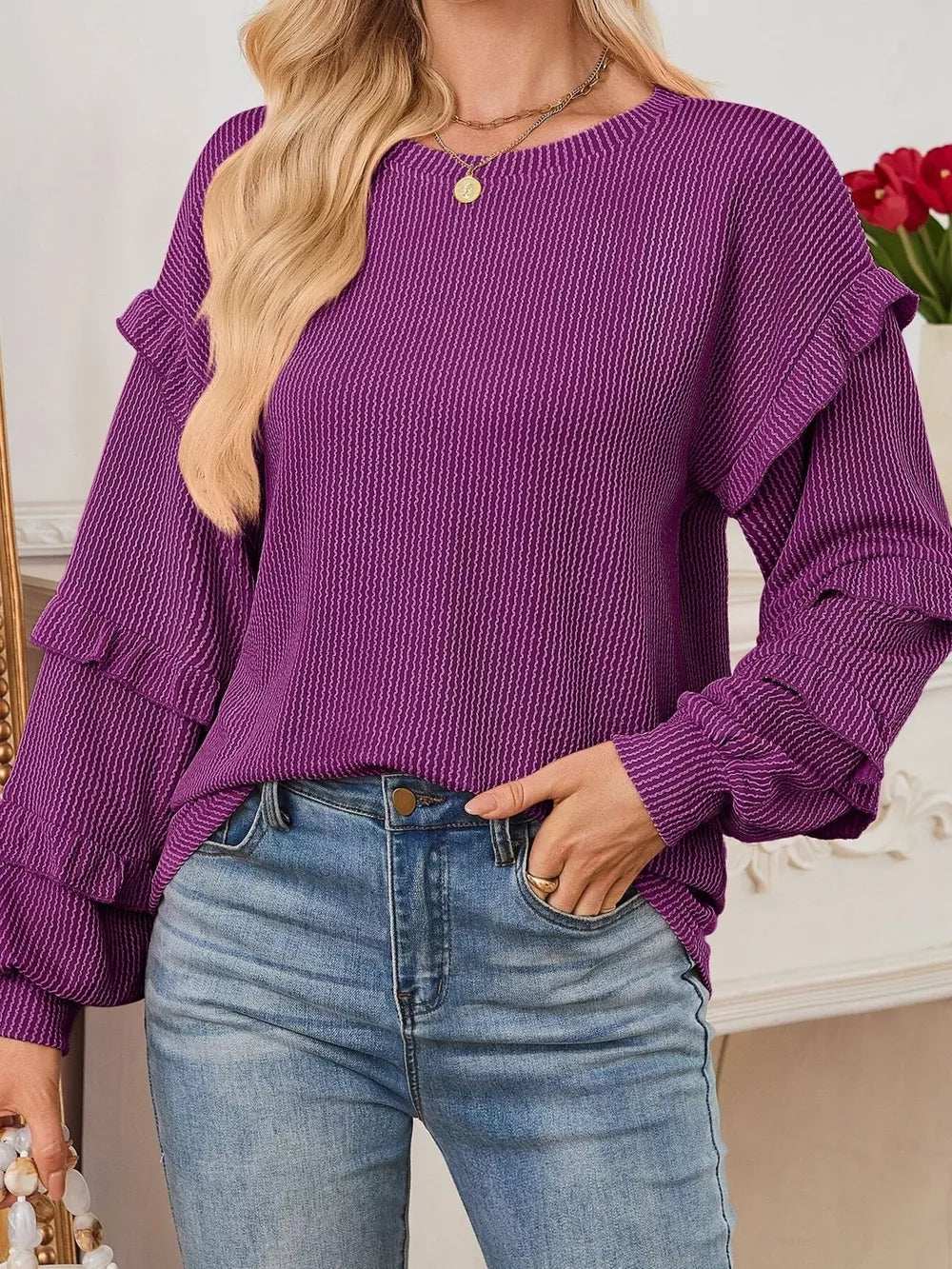 Round Neck Ruffled Long Sleeve Sweatshirt - Trendsi - Flyclothing LLC
