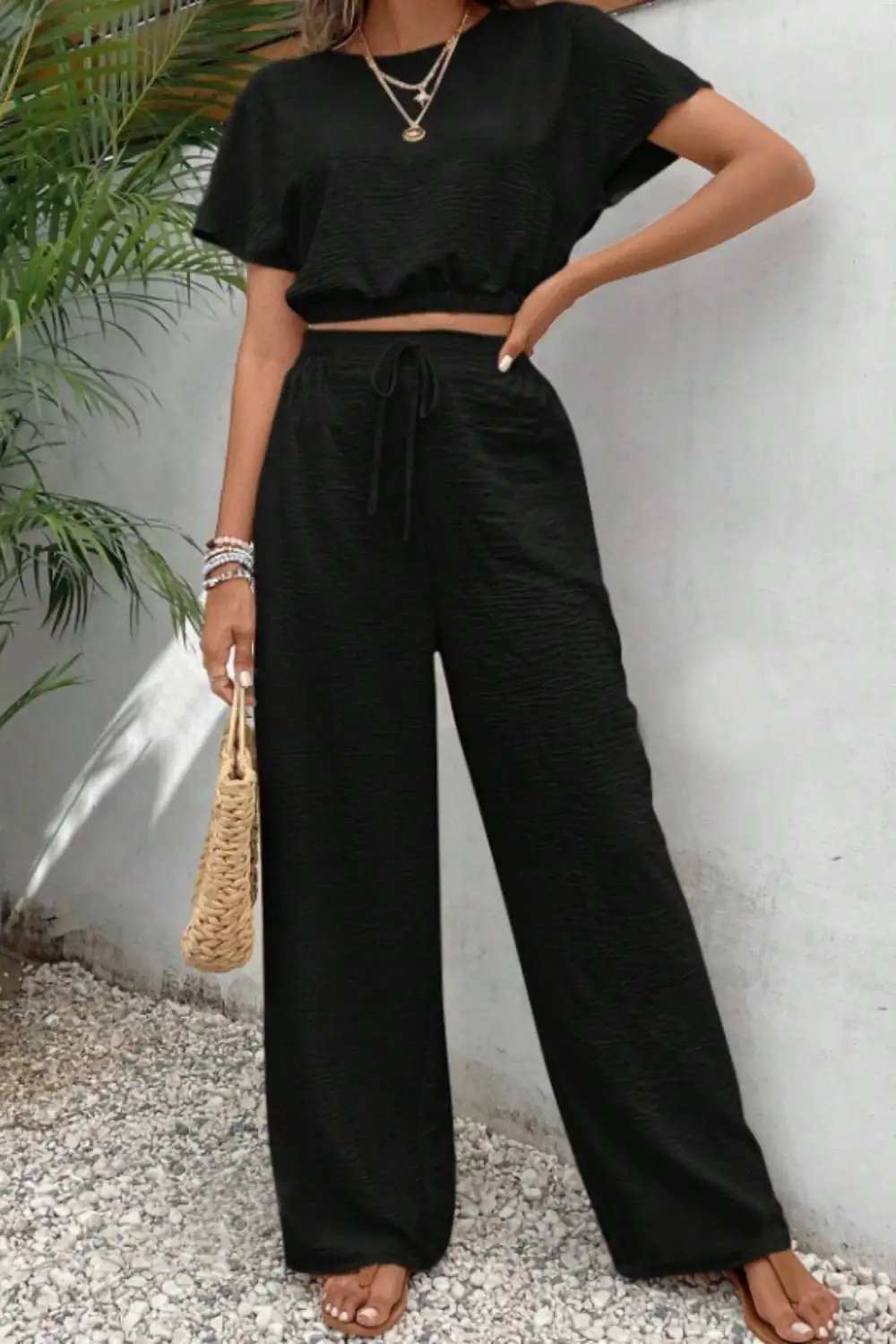 Round Neck Short Sleeve Top and Pants Set - Trendsi - Flyclothing LLC