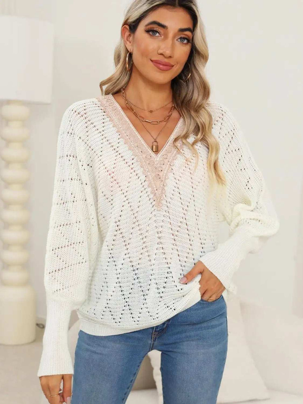 Lace Detail V-Neck Long Sleeve Sweater - Trendsi - Flyclothing LLC