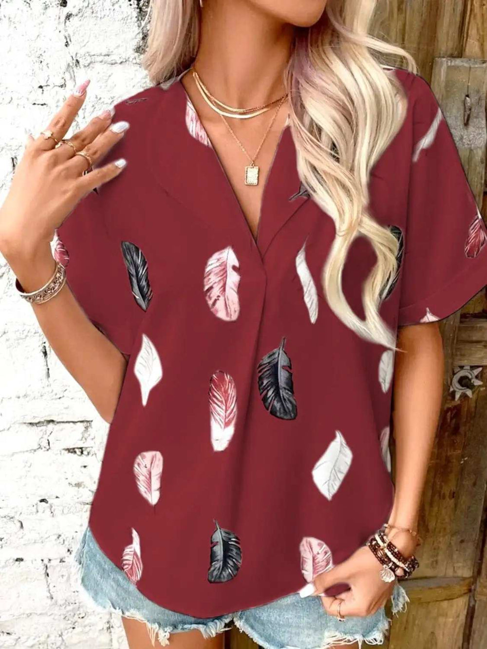 Full Size Printed Collared Neck Short Sleeve Blouse - Trendsi - Flyclothing LLC