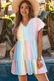 Color Block V-Neck Short Sleeve Mini Dress - Trendsi - Flyclothing LLC