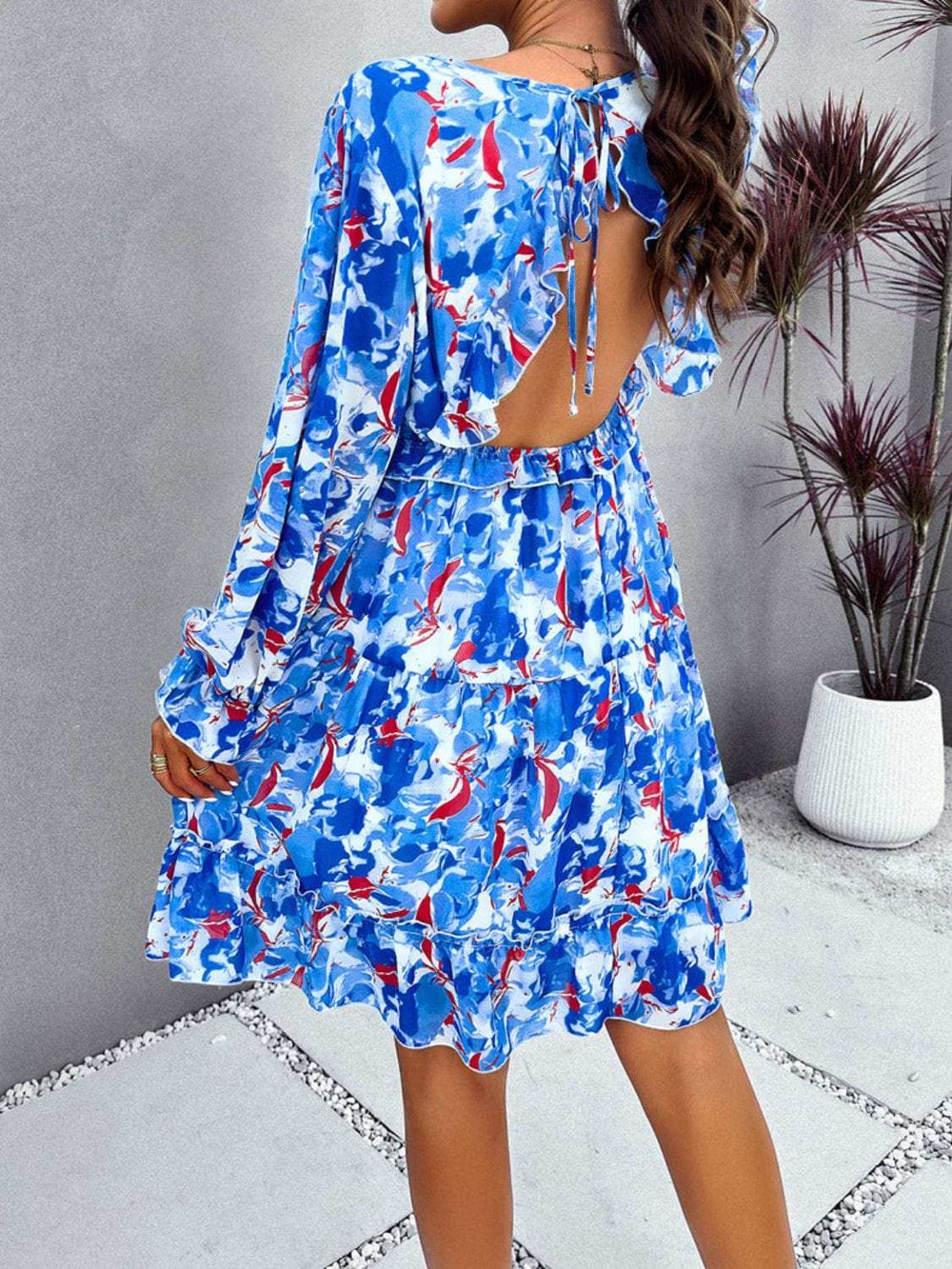 Backless Printed V-Neck Flounce Sleeve Dress - Trendsi - Flyclothing LLC