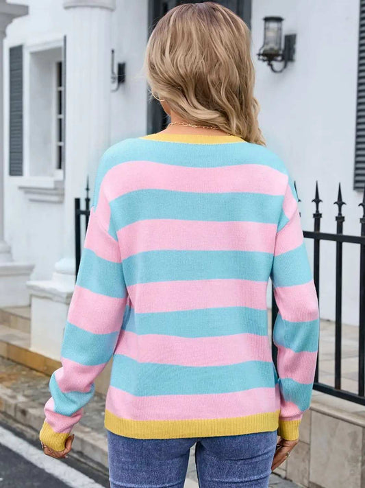 Striped Round Neck Dropped Shoulder Sweater - Trendsi - Flyclothing LLC