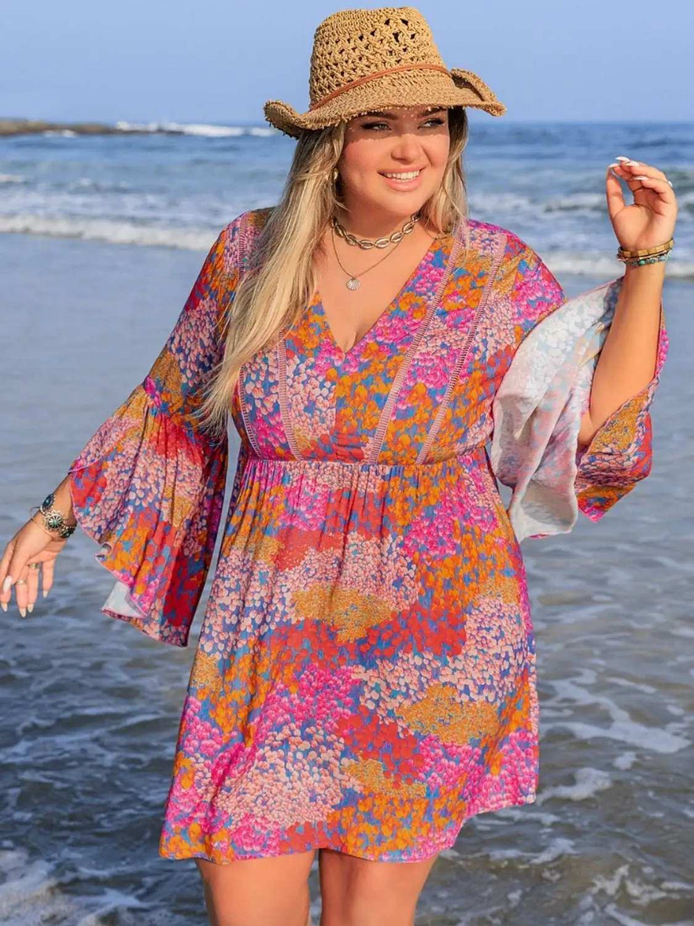 Plus Size Ruched Printed Long Sleeve Dress - Trendsi - Flyclothing LLC