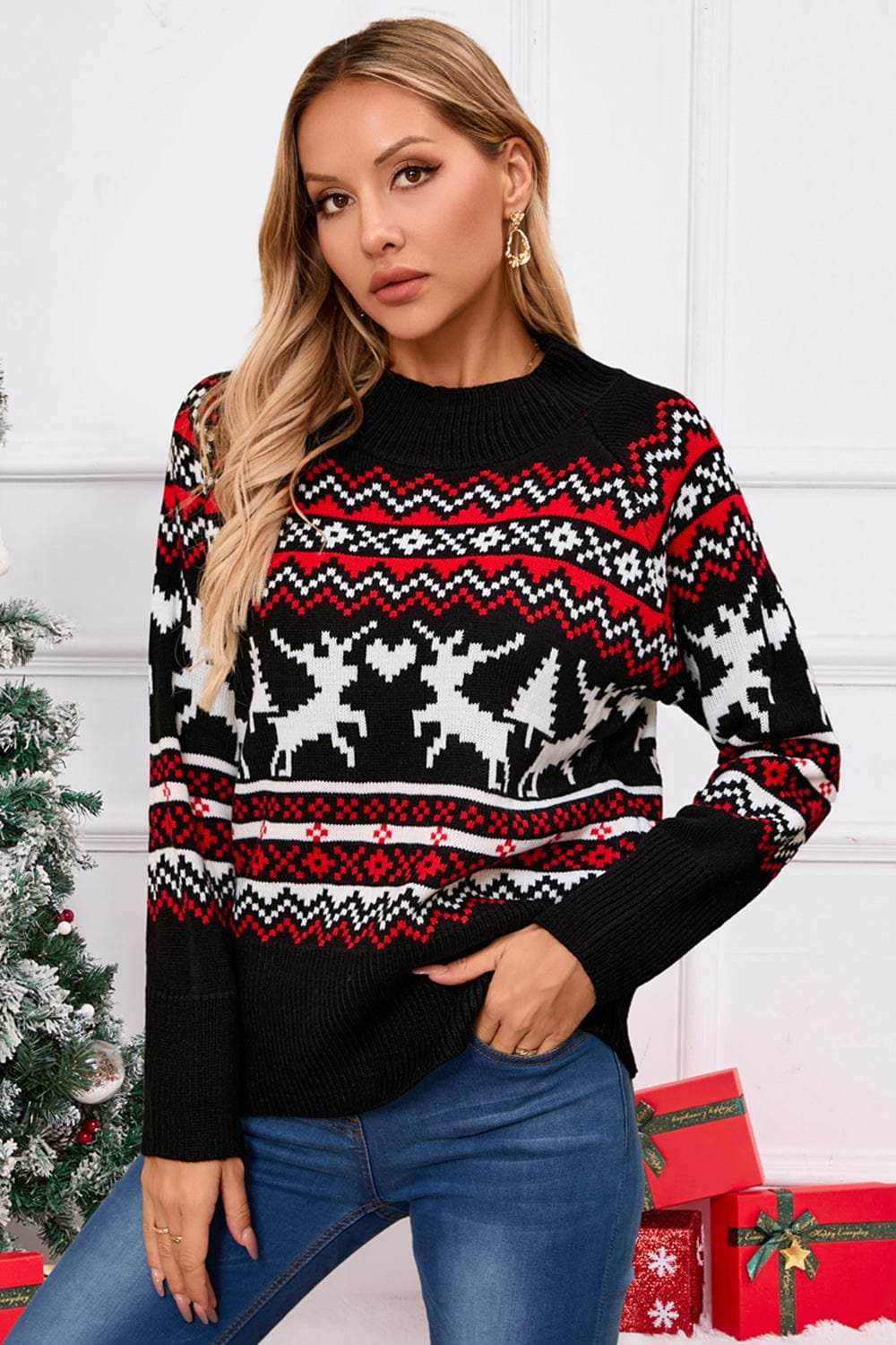 Angel Wings Reindeer Round Neck Long Sleeve Sweater - Trendsi - Flyclothing LLC
