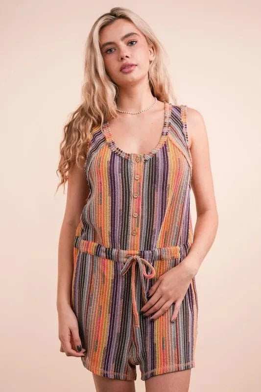 VERY J Crochet Multi Color Striped Casual Summer Romper - Trendsi - Flyclothing LLC