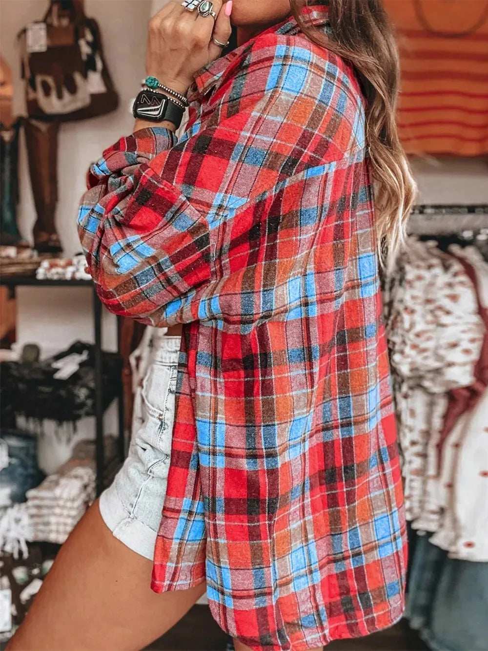 Plaid Collared Neck Long Sleeve Shirt - Trendsi - Flyclothing LLC
