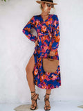 Printed Surplice Long Sleeve Midi Dress - Trendsi - Flyclothing LLC