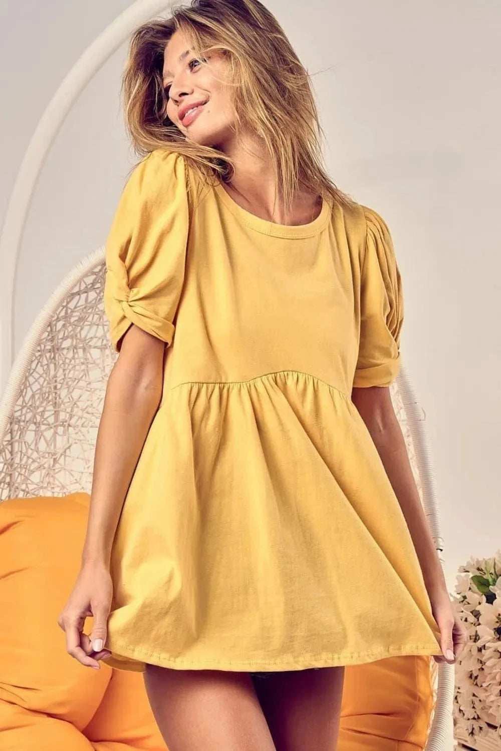 BiBi Cotton Span Knit with Puff Sleeve Baby Doll Top - Trendsi - Flyclothing LLC