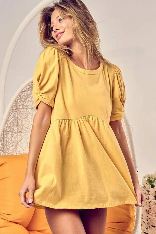 BiBi Cotton Span Knit with Puff Sleeve Baby Doll Top - Trendsi - Flyclothing LLC