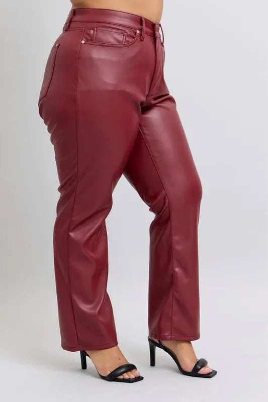 Judy Blue Full Size High Waist Tummy Control Faux Leather Straight Pants Plus Size - Trendsi - Flyclothing LLC