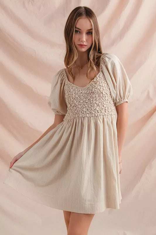 SO ME Textured Woven Daily Dress with Puff Sleeves - Trendsi - Flyclothing LLC