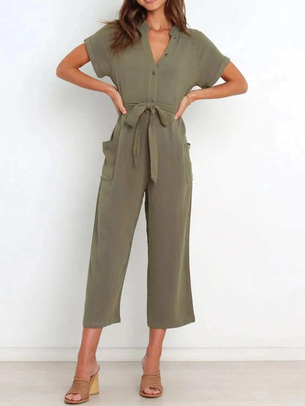 Notched Short Sleeve Tie Waist Jumpsuit - Trendsi - Flyclothing LLC