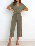 Notched Short Sleeve Tie Waist Jumpsuit - Trendsi - Flyclothing LLC