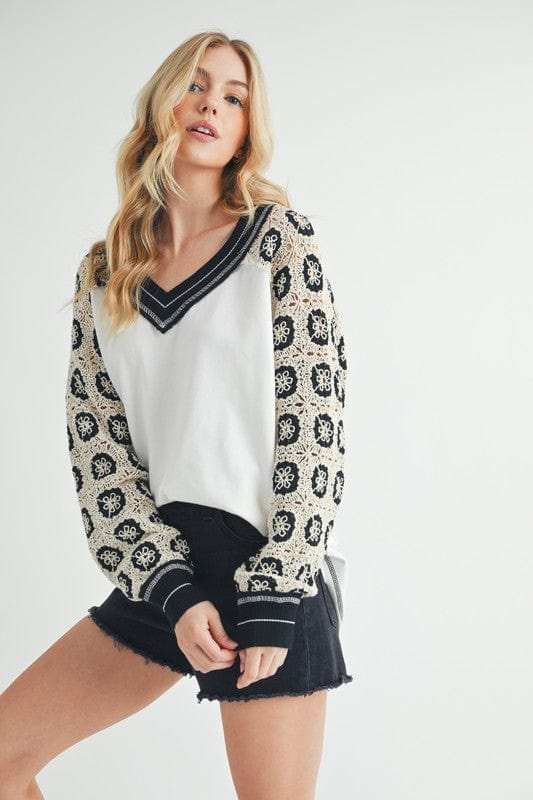 Aemi+Co Crochet Contrast Stitching V Neck Top - Trendsi - Flyclothing LLC