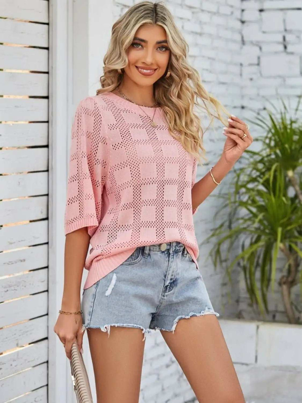 Openwork Round Neck Knit Top - Trendsi - Flyclothing LLC