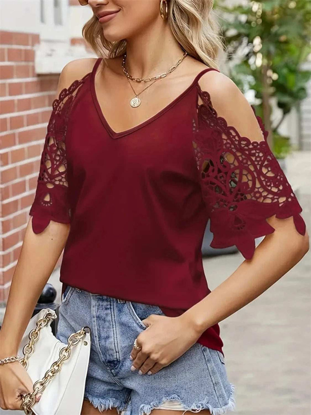 Cold Shoulder Lace Sleeve Blouse - Trendsi - Flyclothing LLC