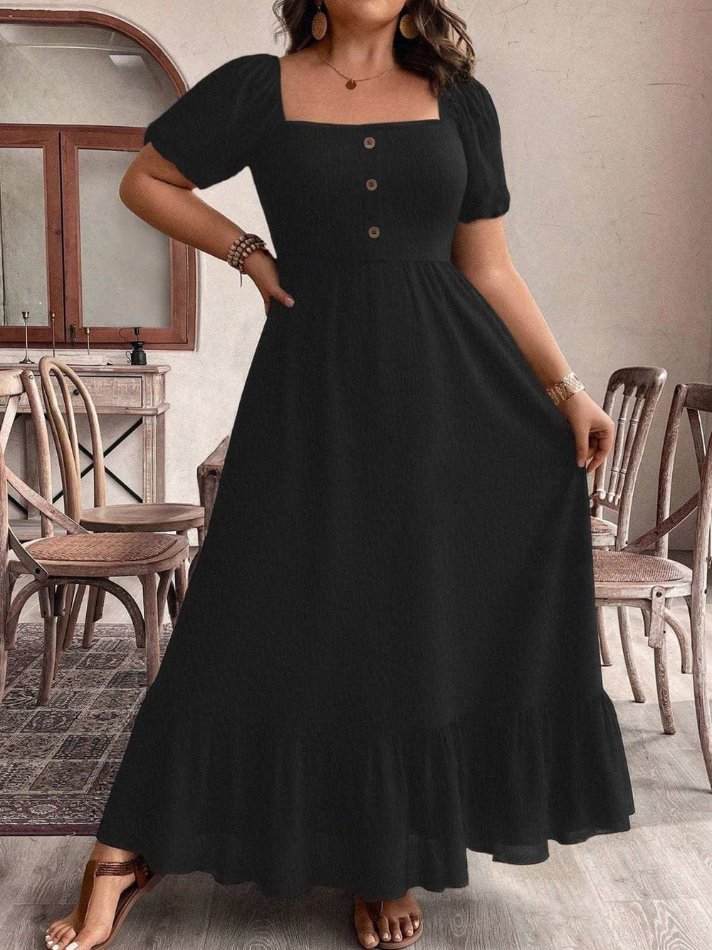 Plus Size Ruffled Hem Square Neck Short Sleeve Dress - Trendsi - Flyclothing LLC