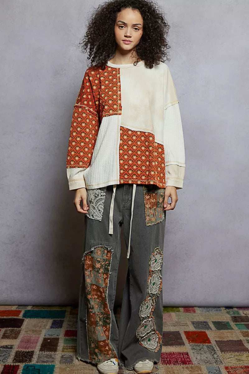 POL Contrast Patchwork Round Neck Long Sleeve Top - Trendsi - Flyclothing LLC