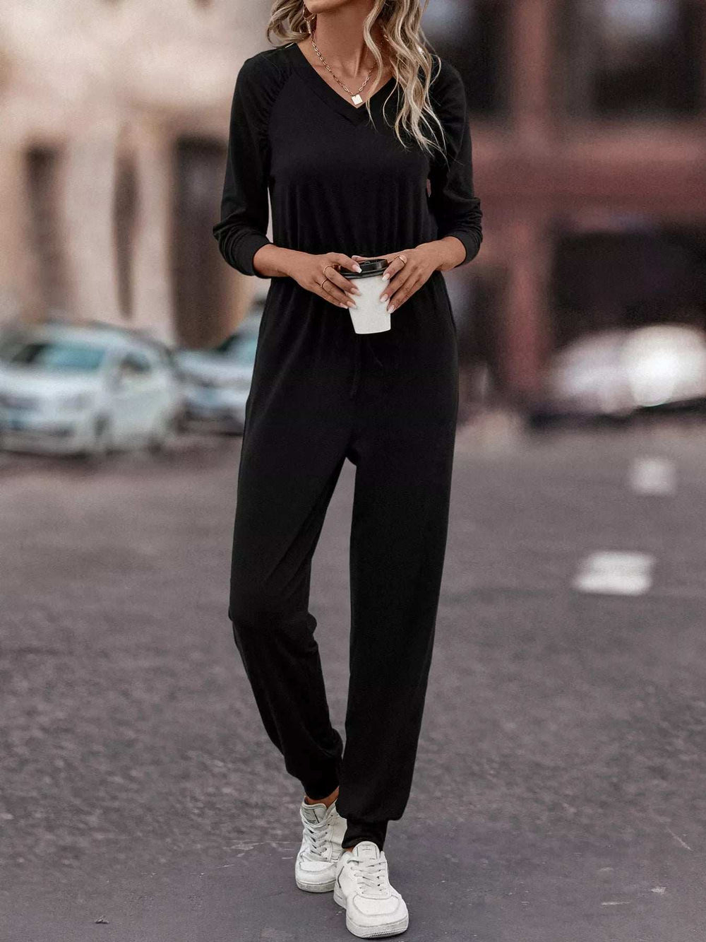 Casual Long Sleeve Drawstring Waist Jumpsuit - Trendsi - Flyclothing LLC