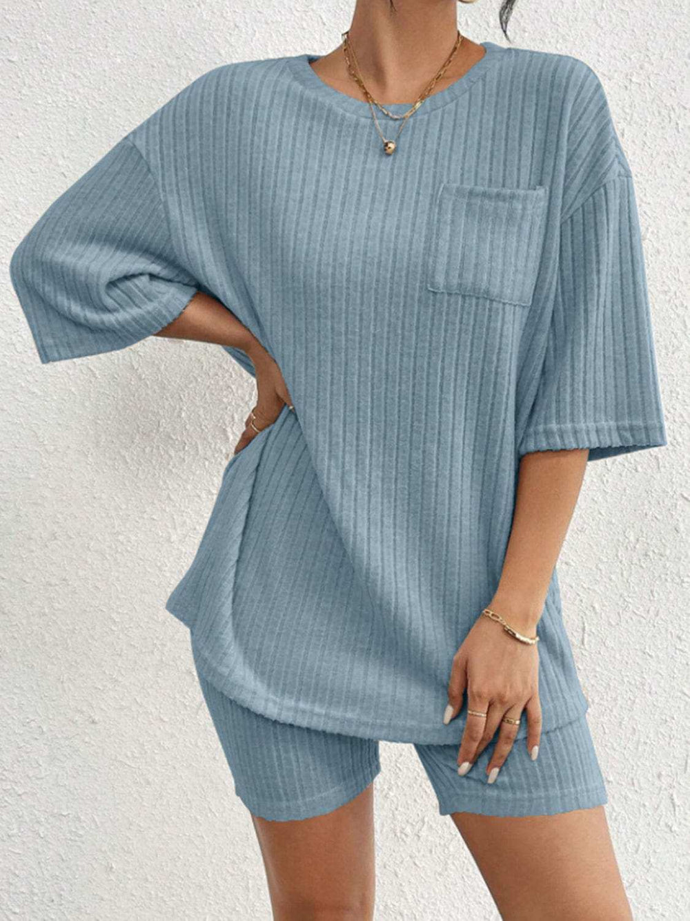 Ribbed Round Neck Top and Shorts Set - Trendsi - Flyclothing LLC