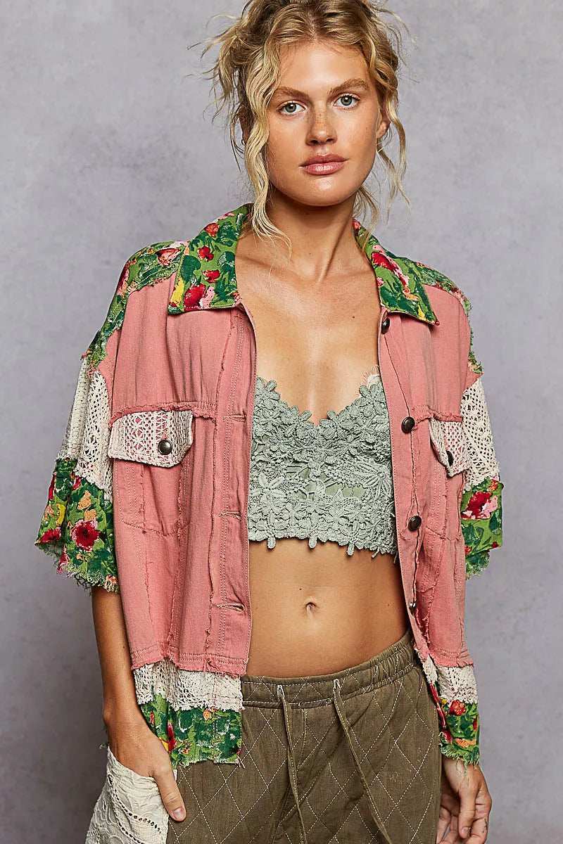 POL Lace Patch Floral Half Sleeve Shacket - Trendsi - Flyclothing LLC