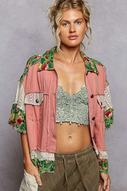 POL Lace Patch Floral Half Sleeve Shacket - Trendsi - Flyclothing LLC