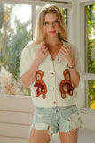 BiBi Teddy Bear With Bow Patched Sweater Button Down Top - Trendsi - Flyclothing LLC