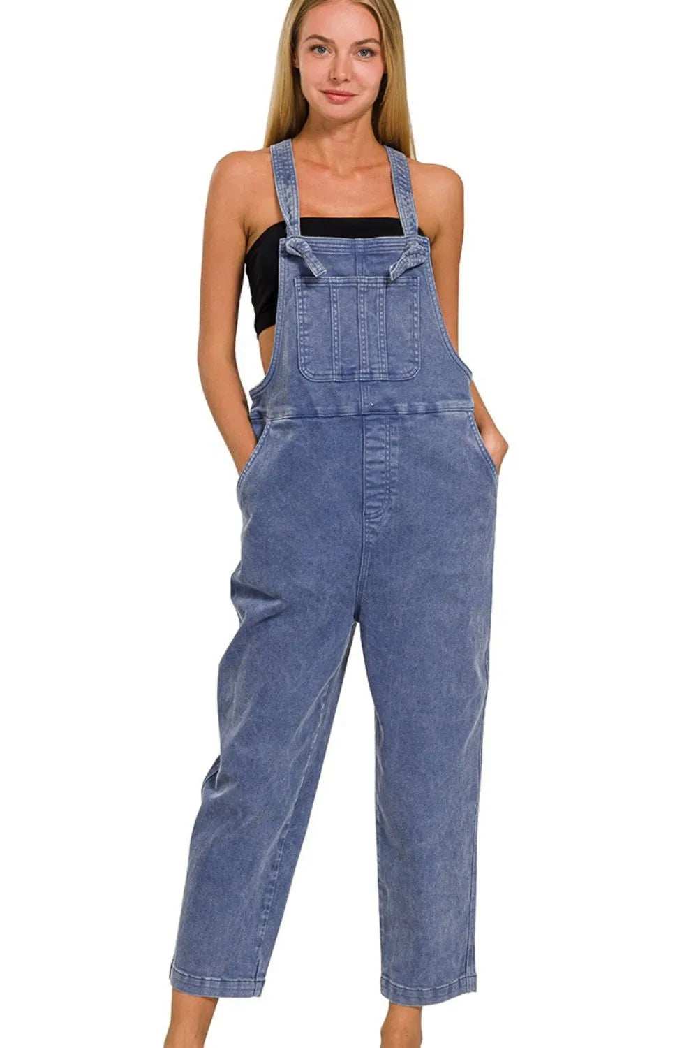 Zenana Washed Knot Strap Relaxed Fit Overalls - Trendsi - Flyclothing LLC