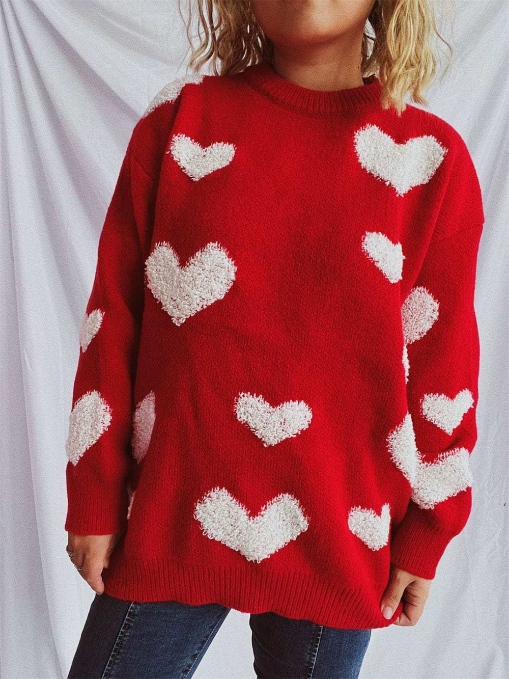 Heart Round Neck Dropped Shoulder Sweater - Trendsi - Flyclothing LLC