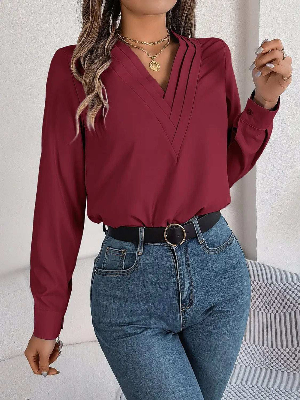 V-Neck Long Sleeve Blouse - Trendsi - Flyclothing LLC