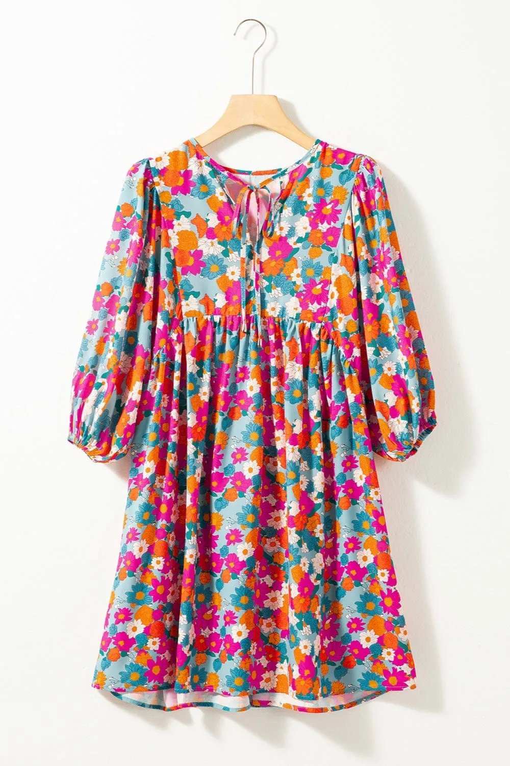 Floral Tie Neck Puff Sleeve Mini Dress - Trendsi - Flyclothing LLC