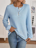 Striped Button Detail Long Sleeve Top - Trendsi - Flyclothing LLC