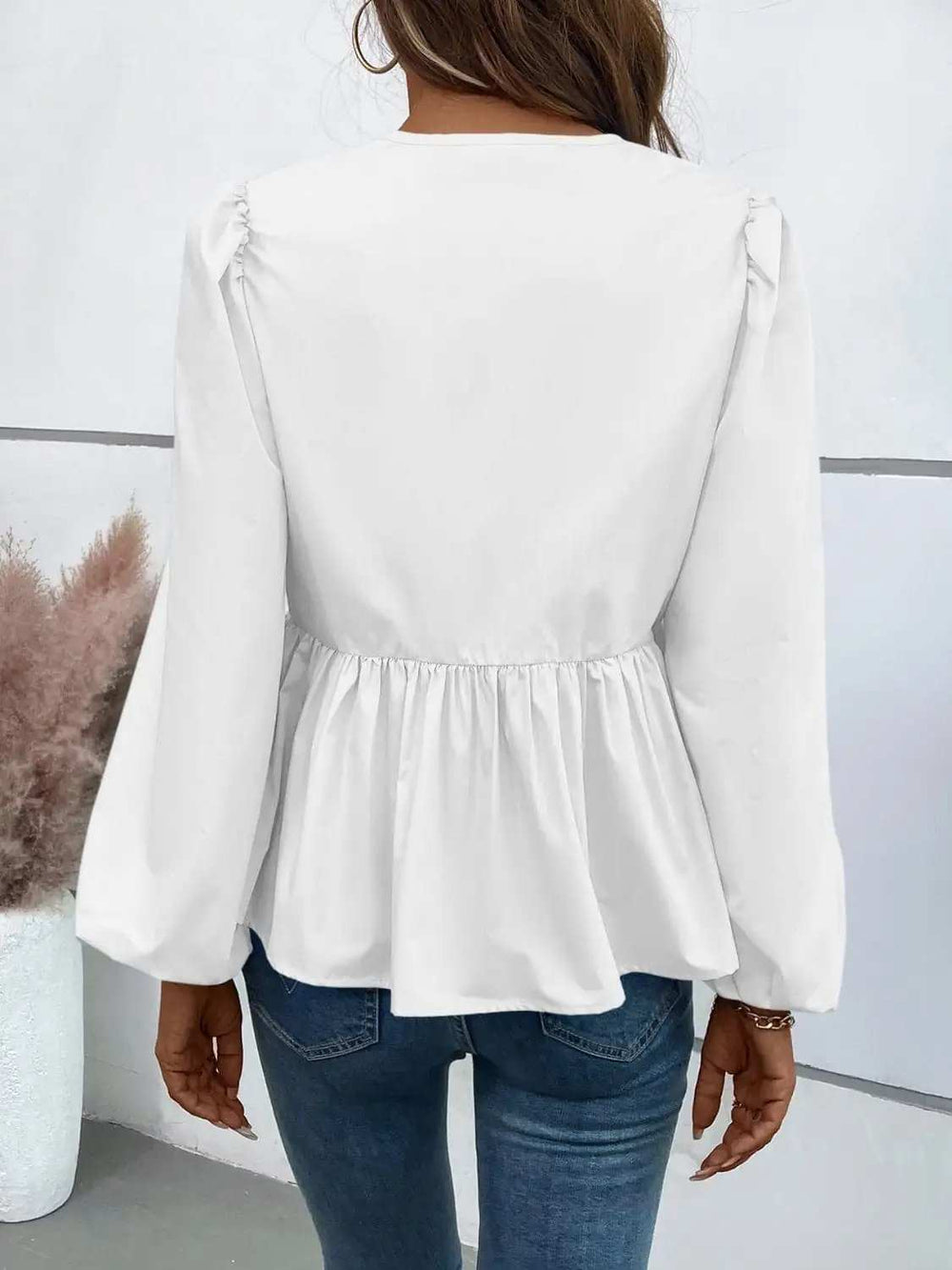 Ivy Lane Peplum Tied Long Sleeve Blouse - Trendsi - Flyclothing LLC