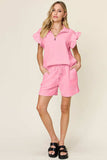 Double Take Full Size Texture Flounce Sleeve Top and Drawstring Shorts Set - Trendsi - Flyclothing LLC