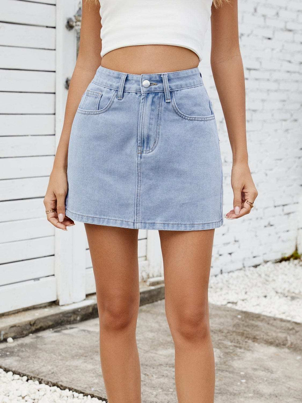 Solid Mini Denim Skirt - Trendsi - Flyclothing LLC