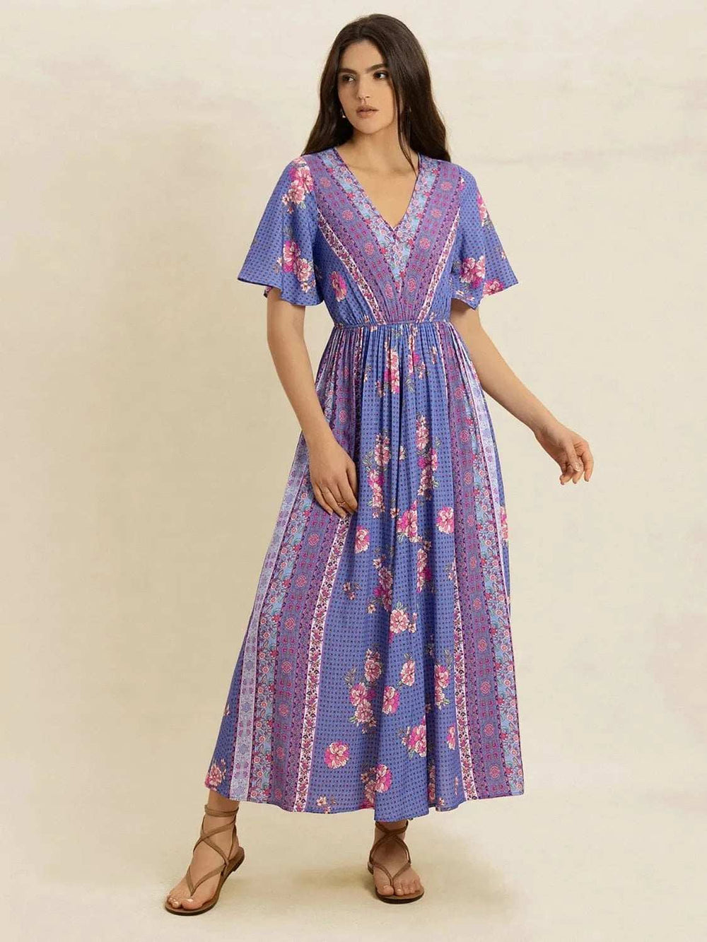 Printed Short Sleeve Midi Dress - Trendsi - Flyclothing LLC