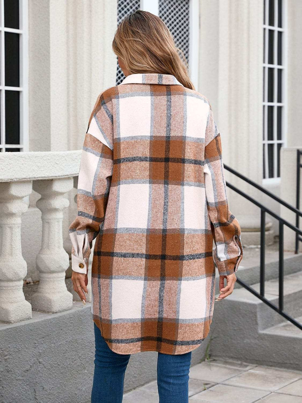 Plaid Button Up Long Sleeve Longline Outerwear - Trendsi - Flyclothing LLC