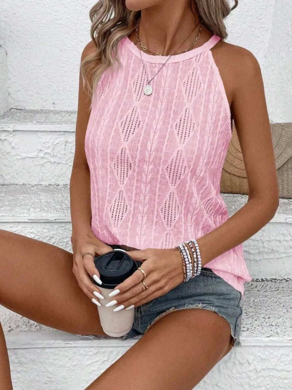 Openwork Grecian Neck Tank - Trendsi - Flyclothing LLC